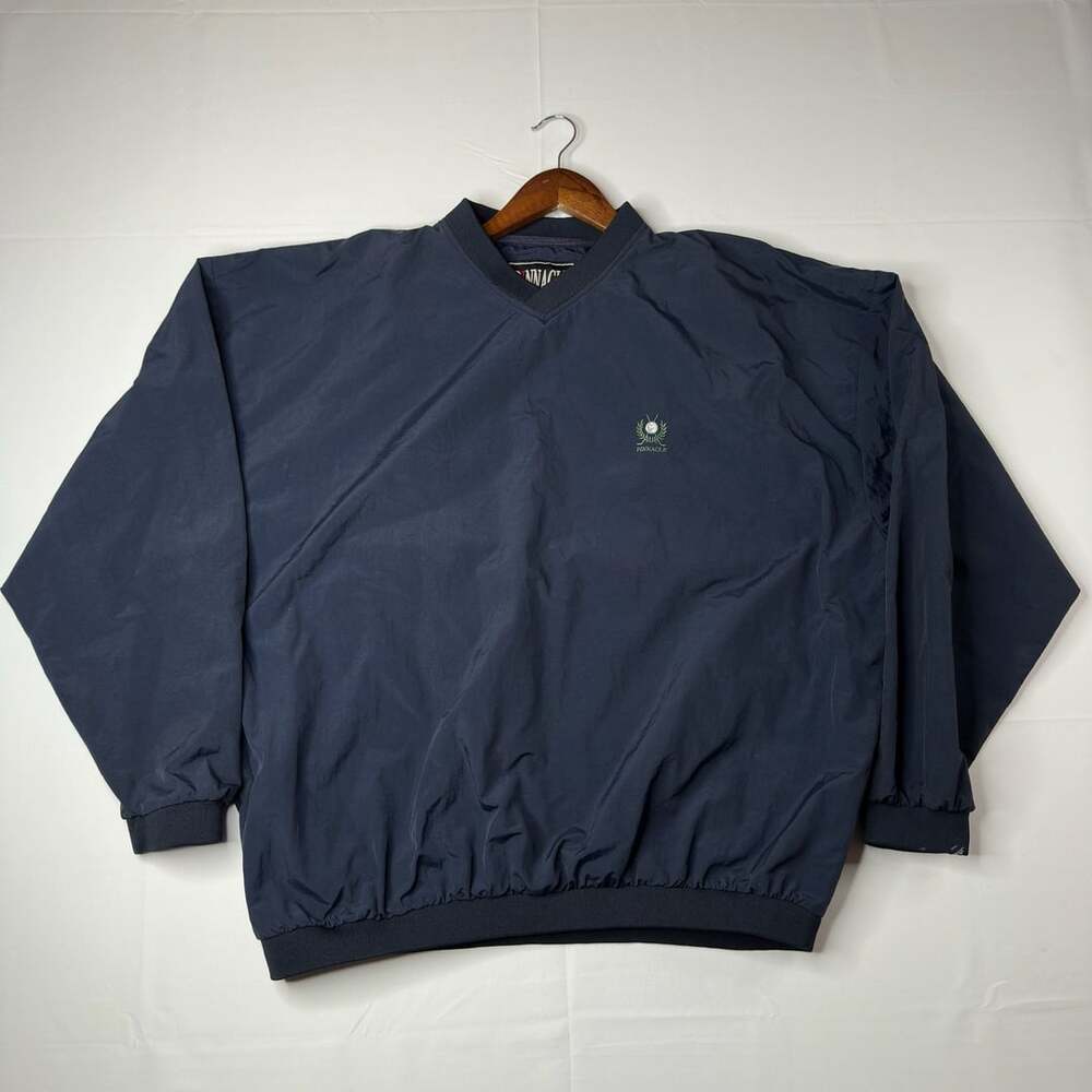 Vintage Pinnacle Golf Embroidered Logo Navy Blue V-Neck Pullover Windbreaker Jac